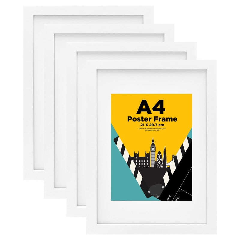 EGOFINE A4 Frames White Set of 4  Made of Solid Wood A4 Picture Frames A4 Photo Frames with A5 Mat A4 Poster Frame with Plexiglass for Table Top and Wall Mounting
