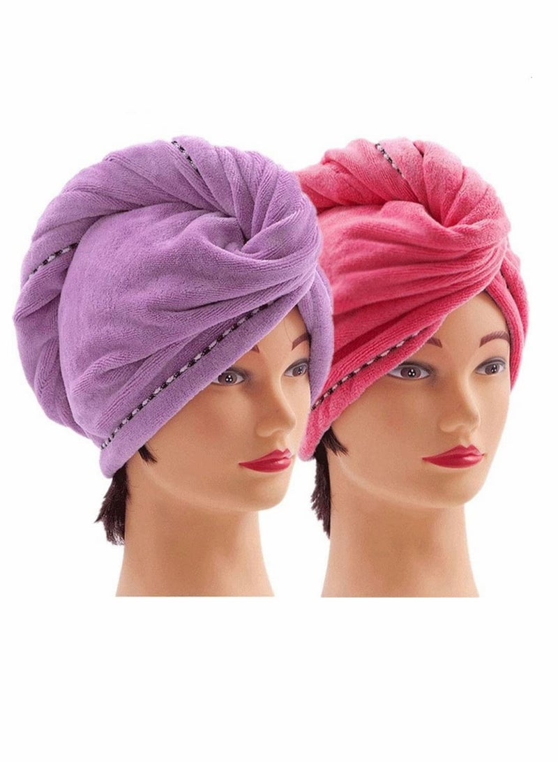 2 Pack Microfiber Hair Towel Wrap, Quick Dry Hair Hat Anti-frizz Fasten Head Turban with Button, Super Absorbent Soft Quick Dry Hair Turban for Long Thick and Curly Hair (10 x 26inch, Purple and Red) - Image 1