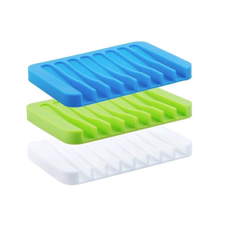 Baskety Self Draining Drying Mat Silicone Soap Dish Holder Tray (11.5 x 8.5 x 1.5 cm, Multicolour) - Pack of 3 - Image 1