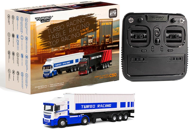 FLYCOLOR Turbo Racing 1:76 C50 RTR Tractor Remote Control Truck Four-Wheel Drive Simulated Headlights 10CH Minicar Model(White-Blue) - Image 1