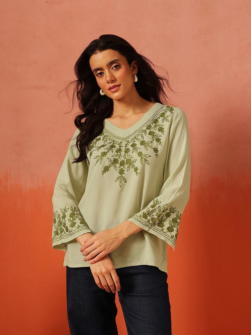 QAZMI Women Rayon Straight Fit Sarah V-Neck Kashmiri Aari Work Full Sleeves Kurti_S Pastel Green - Image 3