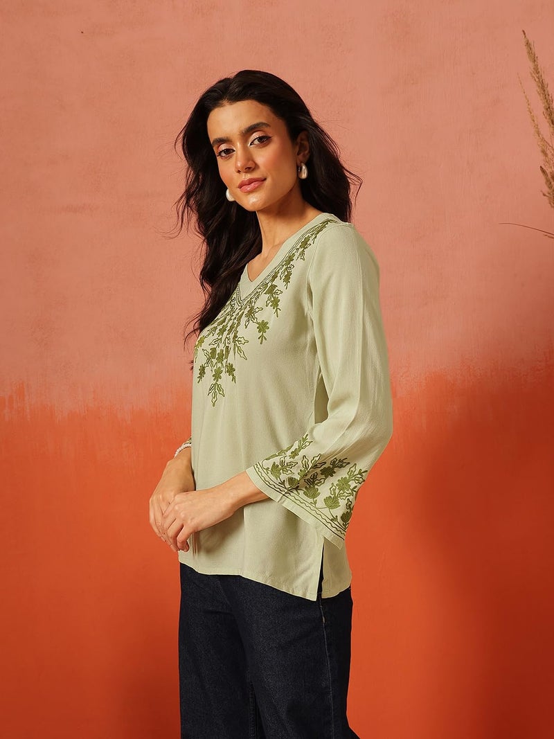 QAZMI Women Rayon Straight Fit Sarah V-Neck Kashmiri Aari Work Full Sleeves Kurti_S Pastel Green - Image 4