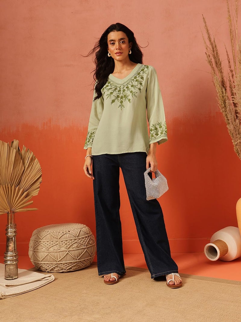 QAZMI Women Rayon Straight Fit Sarah V-Neck Kashmiri Aari Work Full Sleeves Kurti_S Pastel Green - Image 5