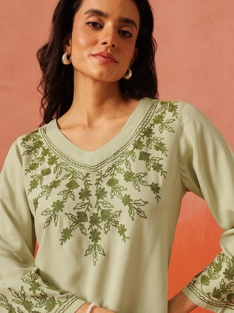 QAZMI Women Rayon Straight Fit Sarah V-Neck Kashmiri Aari Work Full Sleeves Kurti_S Pastel Green - Image 2