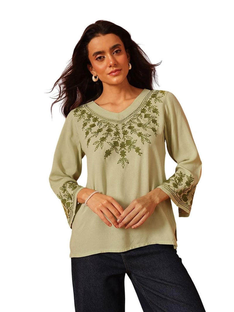 QAZMI Women Rayon Straight Fit Sarah V-Neck Kashmiri Aari Work Full Sleeves Kurti_S Pastel Green - Image 1