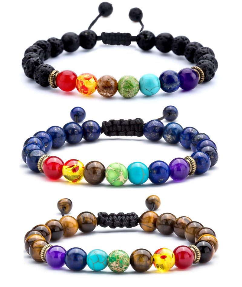 Hamoery Men Women 8mm Lava Rock 7 Chakras Diffuser Bracelet Braided Rope Natural Stone Yoga Beads Bracelet Bangle (3 Pcs Set) - Image 1