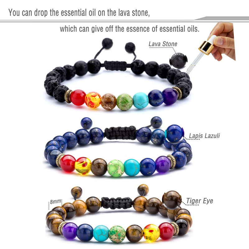 Hamoery Men Women 8mm Lava Rock 7 Chakras Diffuser Bracelet Braided Rope Natural Stone Yoga Beads Bracelet Bangle (3 Pcs Set) - Image 2