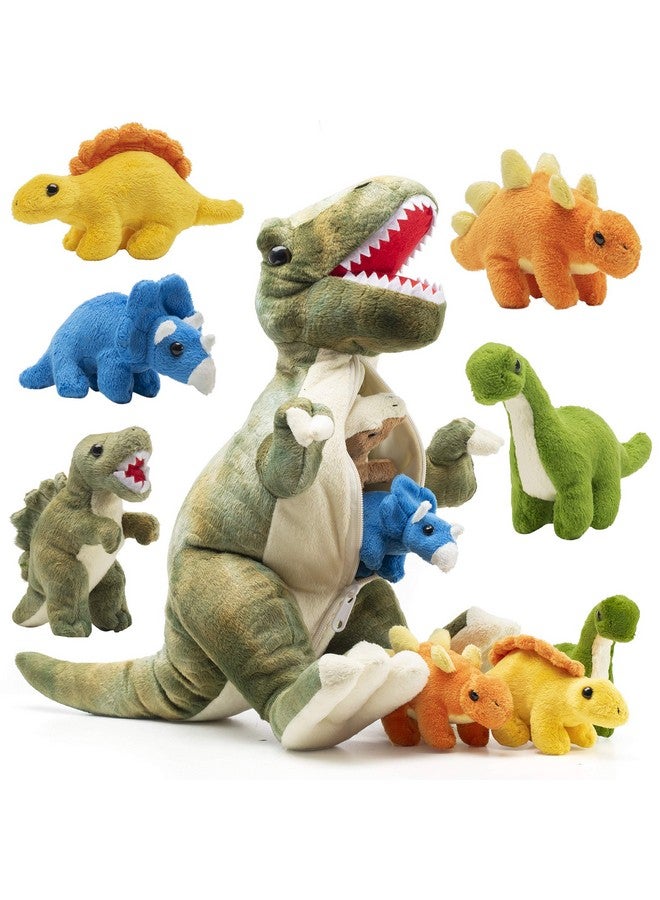 Prextex 15" T-Rex Dinosaur Stuffed Animal Set W/ 4 Plush Dinosaur Toys Inside, Large Zippered Pouch For Boys & Girls, Colorful Dinosaur Plushies For Kids 3-5  - Image 1