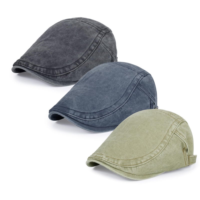 Qlauca 3Pcs Men's Newsboy Caps Washing Cotton Cooling Lightweight Scally Cap for Men Adjustable Flat Cap - Image 1