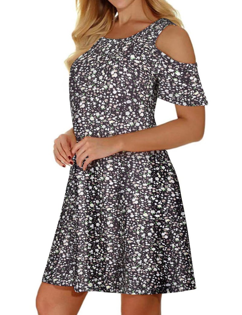 Tanst Sky Casual Dresses for Women Juniors Summer Cute Beach Sun Dress Flowy Cold Shoulder Tropical Vacation Clothes Cruise Resort Wear Black Floral S - Image 1