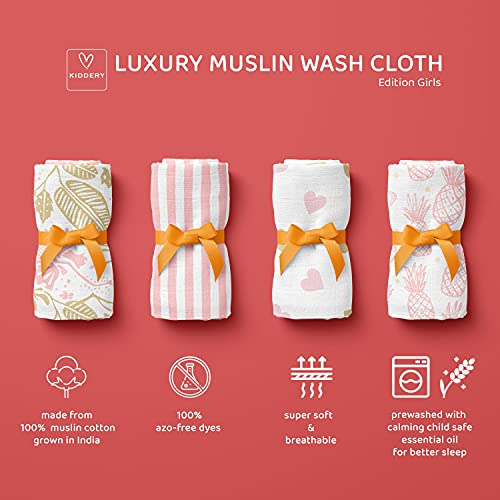 Kiddery Wash Cloth | Set of 4 | Premium 100% Cotton Muslin | Soft & Absorbent | Napkins Set | Soothing Prints for New Born Baby | Baby Shower Gifts | Set of 4 | Girls - Image 2