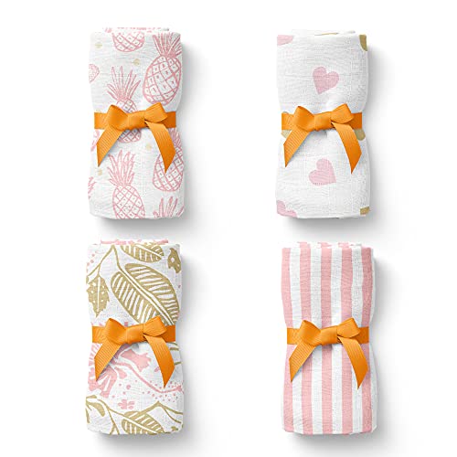 Kiddery Wash Cloth | Set of 4 | Premium 100% Cotton Muslin | Soft & Absorbent | Napkins Set | Soothing Prints for New Born Baby | Baby Shower Gifts | Set of 4 | Girls - Image 1