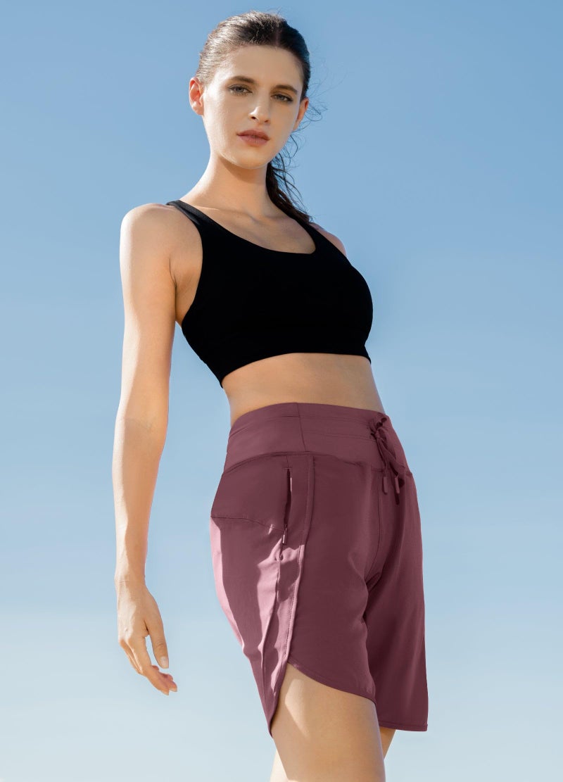Willit Women's 7" Athletic Running Long Shorts Workout Hiking Shorts Quick Dry High Waisted Active Zipper Pocket Dark Red L - Image 3