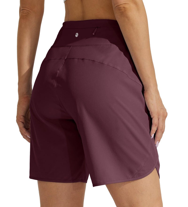 Willit Women's 7" Athletic Running Long Shorts Workout Hiking Shorts Quick Dry High Waisted Active Zipper Pocket Dark Red L - Image 2