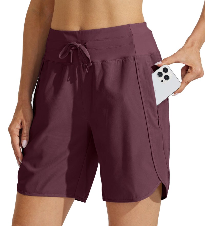 Willit Women's 7" Athletic Running Long Shorts Workout Hiking Shorts Quick Dry High Waisted Active Zipper Pocket Dark Red L - Image 1