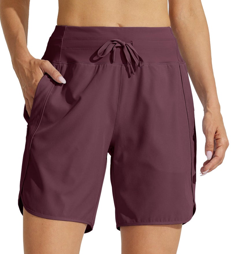 Willit Women's 7" Athletic Running Long Shorts Workout Hiking Shorts Quick Dry High Waisted Active Zipper Pocket Dark Red L - Image 4