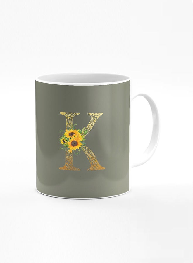 Stylizedd Designer Printed Coffee Mug 11oz Ceramic Personalised Gift Mugs Cup Custom Monogram Initial Letter Mandala Floral Pattern Alphabet K (Olive Green) - Image 1