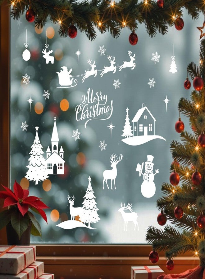 Mfault Merry Christmas White Window Clings 4 Sheets, Xmas Tree House Snowman Reindeer Stickers Decals Decorations, Winter Holiday Santa Claus Snowflake Home Kitchen Decor - Image 3