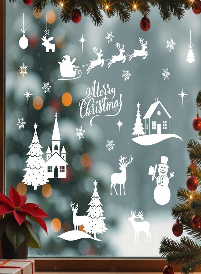 Mfault Merry Christmas White Window Clings 4 Sheets, Xmas Tree House Snowman Reindeer Stickers Decals Decorations, Winter Holiday Santa Claus Snowflake Home Kitchen Decor - Image 1