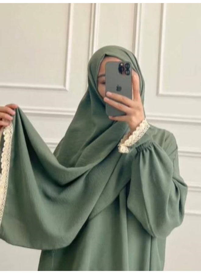 روب نسائي طويل بحافة دانتيل ووشاح رأس من قطعتين - مريح، فضفاض، أنيق - ك119 - Image 2