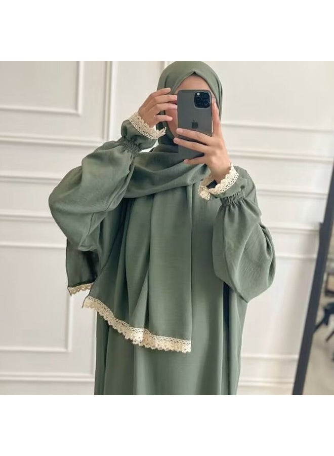 روب نسائي طويل بحافة دانتيل ووشاح رأس من قطعتين - مريح، فضفاض، أنيق - ك119 - Image 1