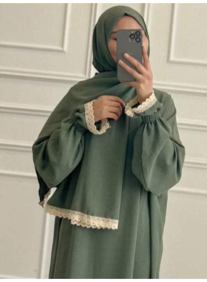روب نسائي طويل بحافة دانتيل ووشاح رأس من قطعتين - مريح، فضفاض، أنيق - ك119 - Image 3