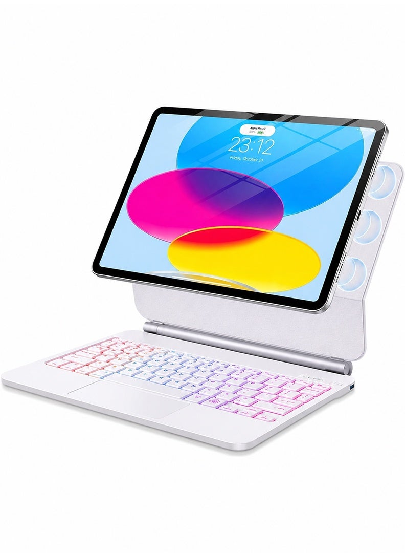 ثيودور جراب لوحة مفاتيح عربية وإنجليزية لجهاز iPad (A16) الجيل الحادي عشر 11 بوصة 2025/iPad الجيل العاشر 10.9 بوصة 2022، جراب لوحة مفاتيح وماوس مع غطاء خلفي مغناطيسي، لوحة لمس ذكية، لوحة مفاتيح بإضاءة خلفية لجهاز 2025 - أبيض - Image 1