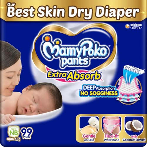 MamyPoko Pants Extra Absorb Baby Diapers, New Born/X-Small | 0-5 kg | 99 Count |Deep Sleep Diapers| Soft Gentle fit |Deep Absorbent Crisscross | Skin Friendly with Coconut Oil | - Image 1