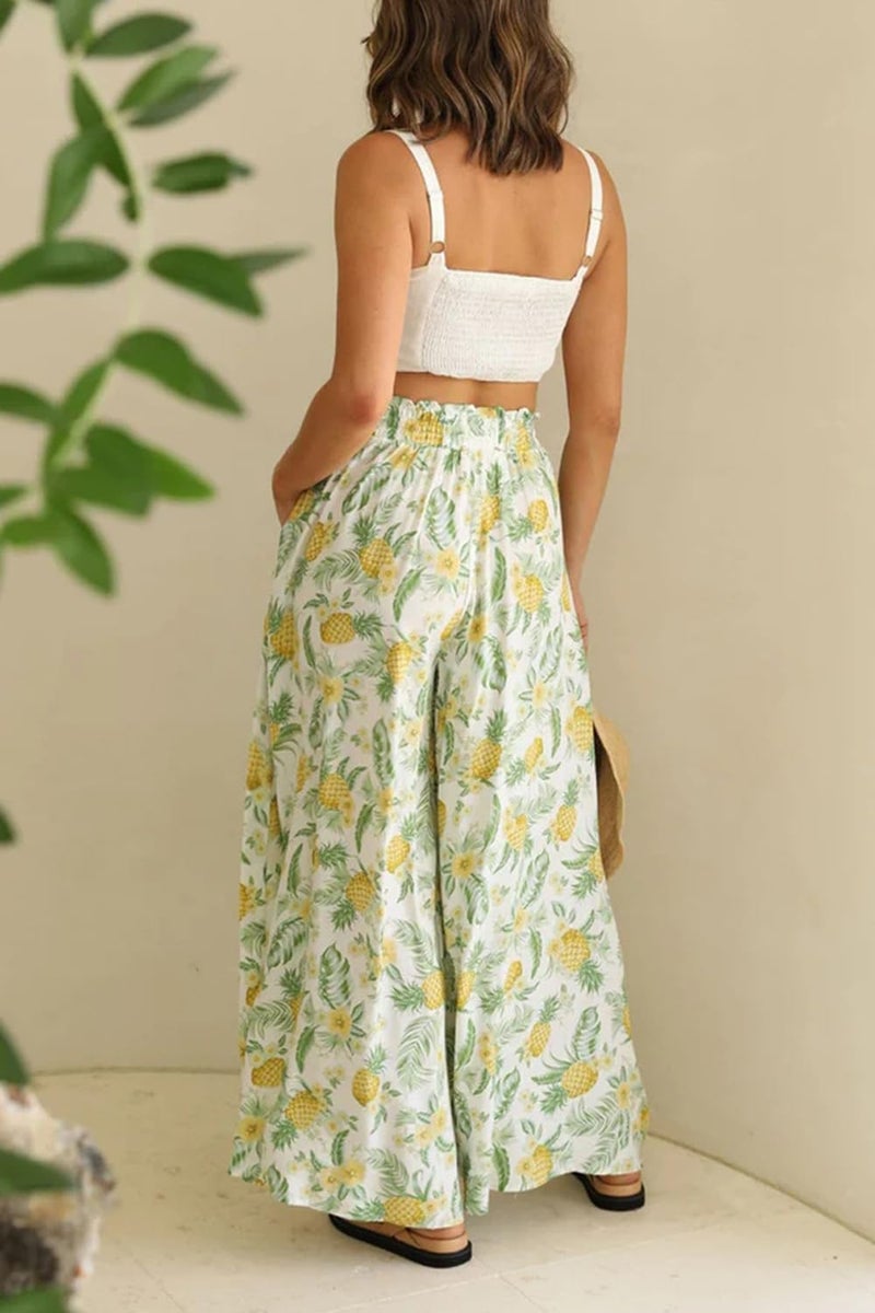 YOCUR Summer High Waisted Pants for Women Beach Vacation Wide Leg Pants Printed Loose Flowy Palazzo Lounge Trousers Yellow XXL - Image 2