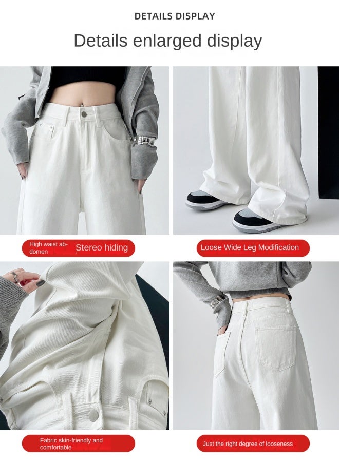 هابي بنطلونات بيضاء واسعة الأرجل مع جينز مبطن بالفرو للنساء، طراز جديد للخريف والشتاء، عالي الخصر، مريح، مخملي، بنطلونات مستقيمة فضفاضة - Image 2