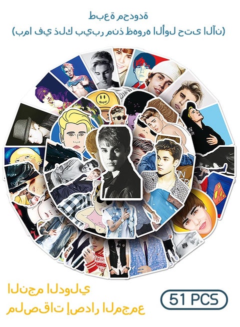 51 Pcs Pop Singer Stickers, American Pop Singing Star Justin Bieber Star Sticker, Waterproof Stickers for Water Bottle Laptop Skateboard Ect