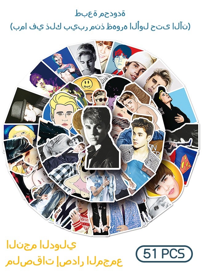 51 Pcs Pop Singer Stickers, American Pop Singing Star Justin Bieber Star Sticker, Waterproof Stickers for Water Bottle Laptop Skateboard Ect
