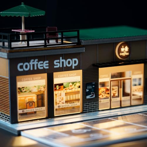 Cotymko 164 Diorama Garage Model car Garage and Display case Coffee House Diorama Display Parking lot with LED Lights and 5 Outdoor Parking Spaces for Toy car Collectors - Image 5