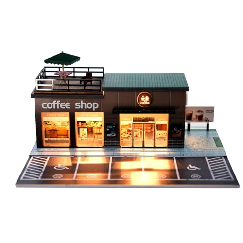 Cotymko 164 Diorama Garage Model car Garage and Display case Coffee House Diorama Display Parking lot with LED Lights and 5 Outdoor Parking Spaces for Toy car Collectors - Image 1