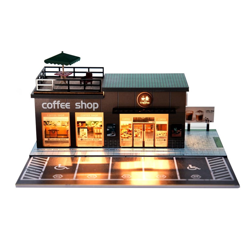 Cotymko 164 Diorama Garage Model car Garage and Display case Coffee House Diorama Display Parking lot with LED Lights and 5 Outdoor Parking Spaces for Toy car Collectors - Image 2