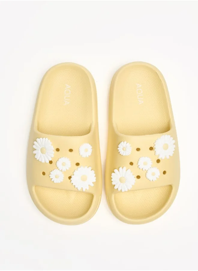 Aqua Girls Flower Applique Slide Slippers