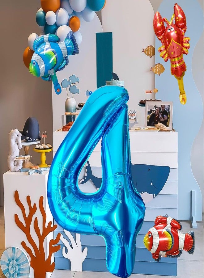 LEBERY 40 Inch Under the Sea Blue Number 4 Balloon, Mini Sea Animal Balloons Ocean Animal Foil Balloon, Fish Crawfish Balloons for Boys Girls Ocean Theme 4th Birthday Baby Shower Party Decoration - Image 2