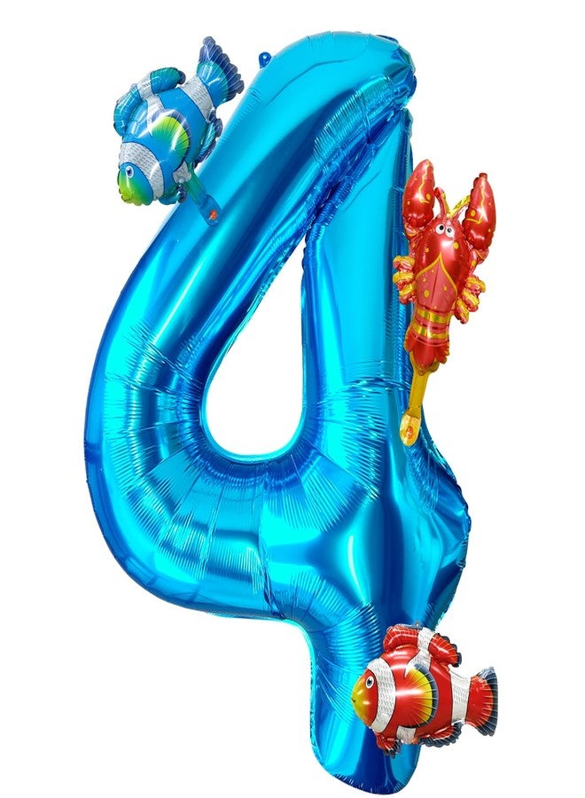 LEBERY 40 Inch Under the Sea Blue Number 4 Balloon, Mini Sea Animal Balloons Ocean Animal Foil Balloon, Fish Crawfish Balloons for Boys Girls Ocean Theme 4th Birthday Baby Shower Party Decoration - Image 1