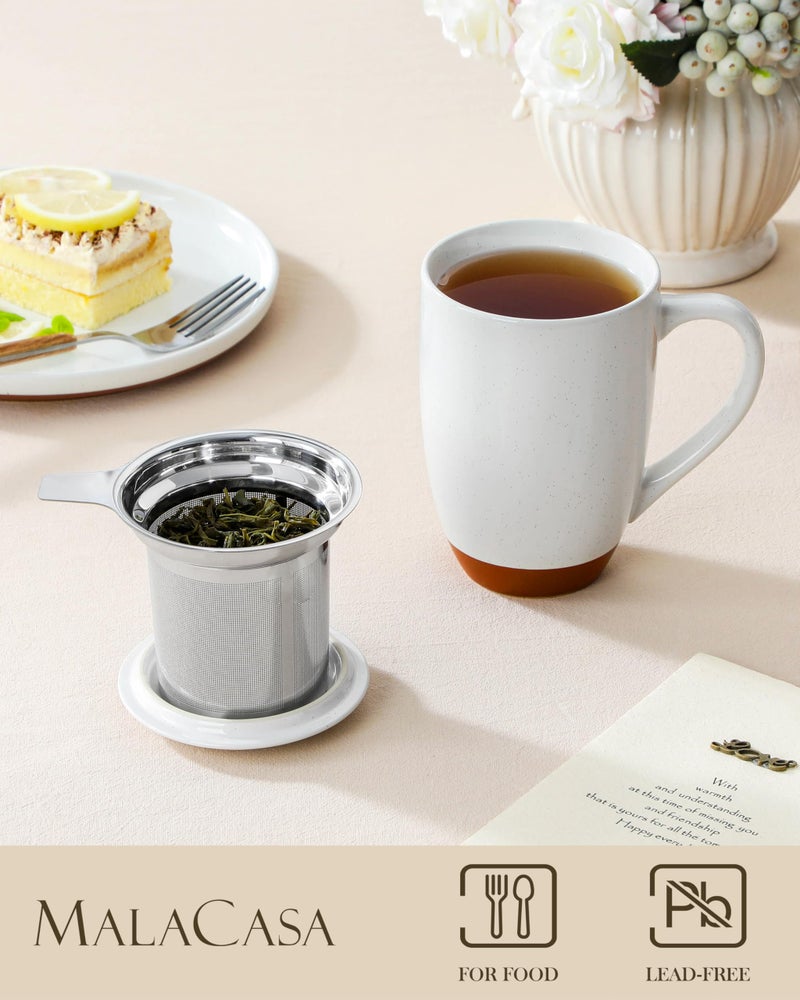 MALACASA Ceramic Tea Mug with Lid and Stainless Steel Infuser, 18 oz Large Tea Cup for Loose Leaf Tea, Heat-Resistant, Microwave & Dishwasher Safe, Speckled Glaze Coffee & Tea Brewer Mug, Khaki White - Image 3