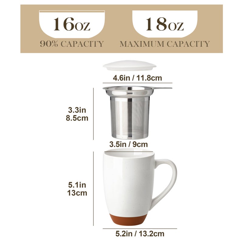 MALACASA Ceramic Tea Mug with Lid and Stainless Steel Infuser, 18 oz Large Tea Cup for Loose Leaf Tea, Heat-Resistant, Microwave & Dishwasher Safe, Speckled Glaze Coffee & Tea Brewer Mug, Khaki White - Image 2