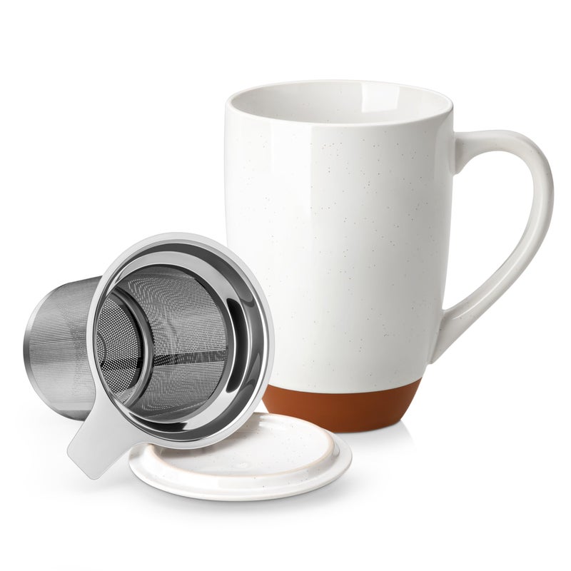 MALACASA Ceramic Tea Mug with Lid and Stainless Steel Infuser, 18 oz Large Tea Cup for Loose Leaf Tea, Heat-Resistant, Microwave & Dishwasher Safe, Speckled Glaze Coffee & Tea Brewer Mug, Khaki White - Image 1