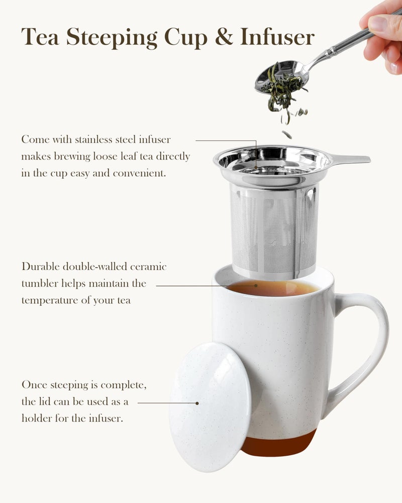 MALACASA Ceramic Tea Mug with Lid and Stainless Steel Infuser, 18 oz Large Tea Cup for Loose Leaf Tea, Heat-Resistant, Microwave & Dishwasher Safe, Speckled Glaze Coffee & Tea Brewer Mug, Khaki White - Image 5