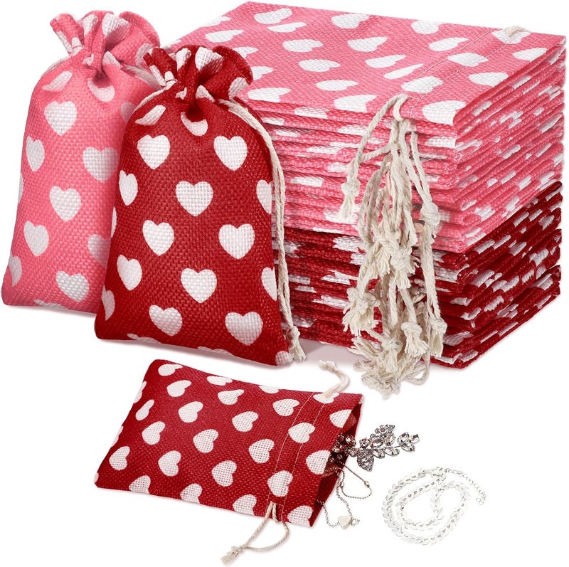 Riakrum 24 Pieces Valentines Day Burlap Bag with Drawstring Linen Bag with Heart Red and Pink Heart Bag for Valentines Day 4 x 6 Inches Heart Bag Party Favor Valentines Day Gift Bags Packing Storage Pouch - Image 1