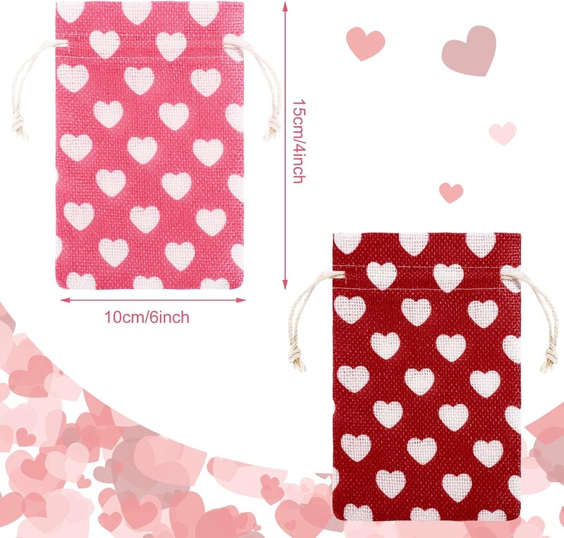 Riakrum 24 Pieces Valentines Day Burlap Bag with Drawstring Linen Bag with Heart Red and Pink Heart Bag for Valentines Day 4 x 6 Inches Heart Bag Party Favor Valentines Day Gift Bags Packing Storage Pouch - Image 2
