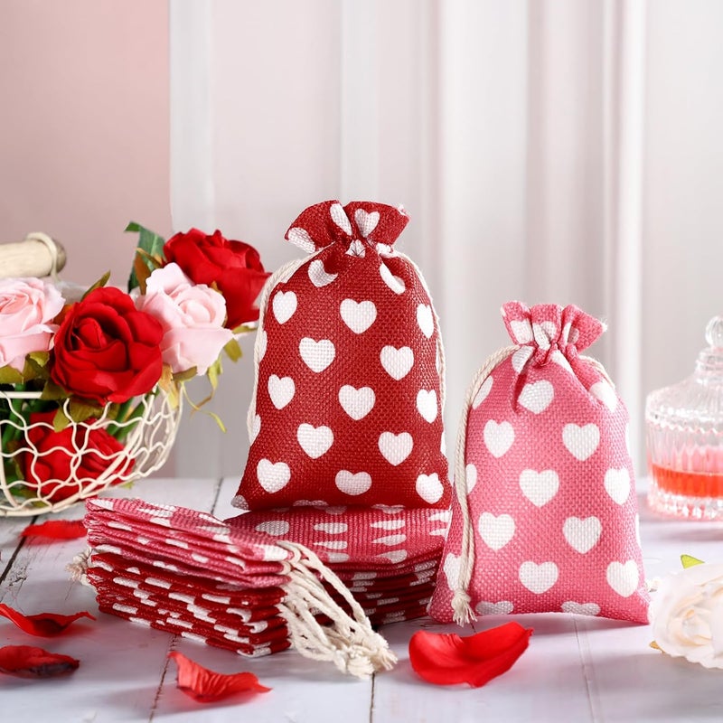 Riakrum 24 Pieces Valentines Day Burlap Bag with Drawstring Linen Bag with Heart Red and Pink Heart Bag for Valentines Day 4 x 6 Inches Heart Bag Party Favor Valentines Day Gift Bags Packing Storage Pouch - Image 4