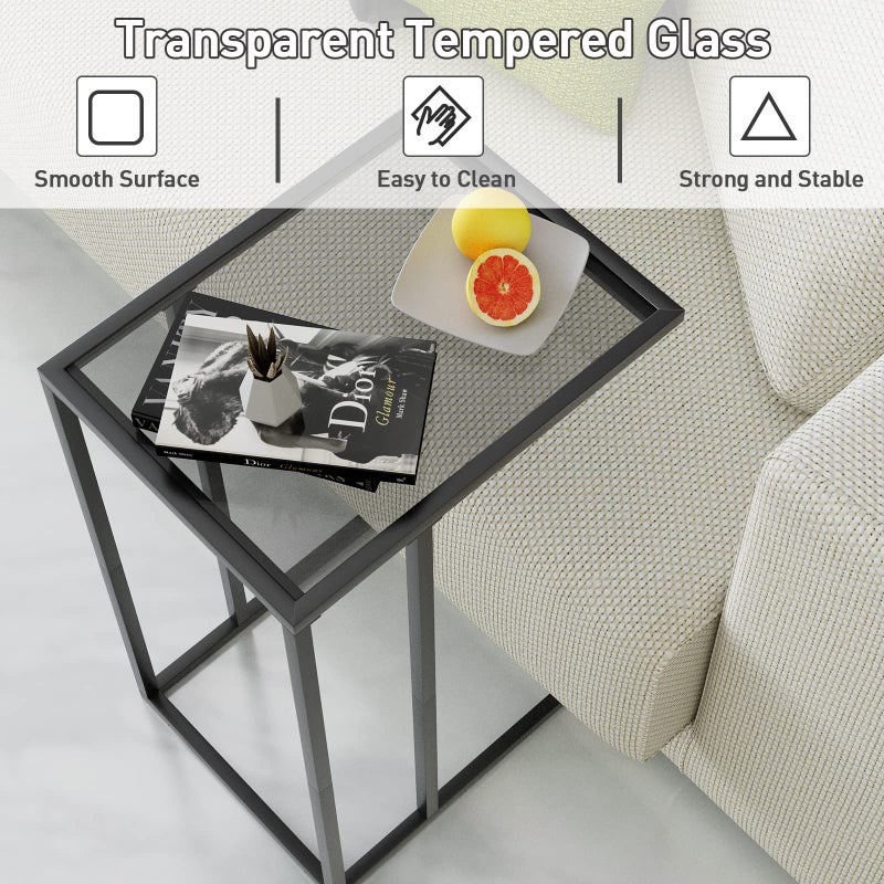 Adompacat C Shaped End Table,Small Sofa Couch Side Table, Tempered Glass Snack TV Tray Table with Metal Frame for Small Space,Living Room, Bedroom, Bedside,Modern Style, Black, - Image 3