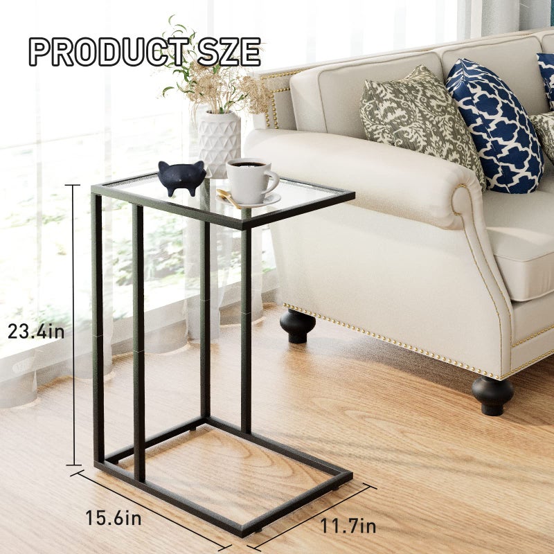 Adompacat C Shaped End Table,Small Sofa Couch Side Table, Tempered Glass Snack TV Tray Table with Metal Frame for Small Space,Living Room, Bedroom, Bedside,Modern Style, Black, - Image 2