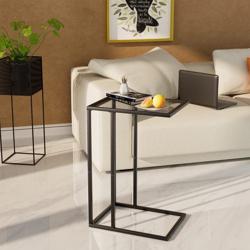 Adompacat C Shaped End Table,Small Sofa Couch Side Table, Tempered Glass Snack TV Tray Table with Metal Frame for Small Space,Living Room, Bedroom, Bedside,Modern Style, Black, - Image 4