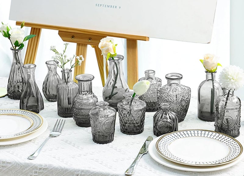 QLOFEI 20 Pcs Black Glass Bud Vases- Set Gray Small Vases for Flowers, Vintage Style Cute Glass in Bulk for Centerpieces Rustic Decorative Flower Wedding Table Home Decor - Image 2