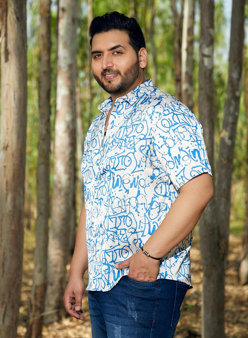 Instafab Plus Men's Azure Blue & Cream White Graffiti Satin Shirt For Casual Wear | Cuban Collar | Short Regular Sleeves | Button Closure | Plus Size Shirt Crafted With Comfort Fit For Everyday Wear - Image 3